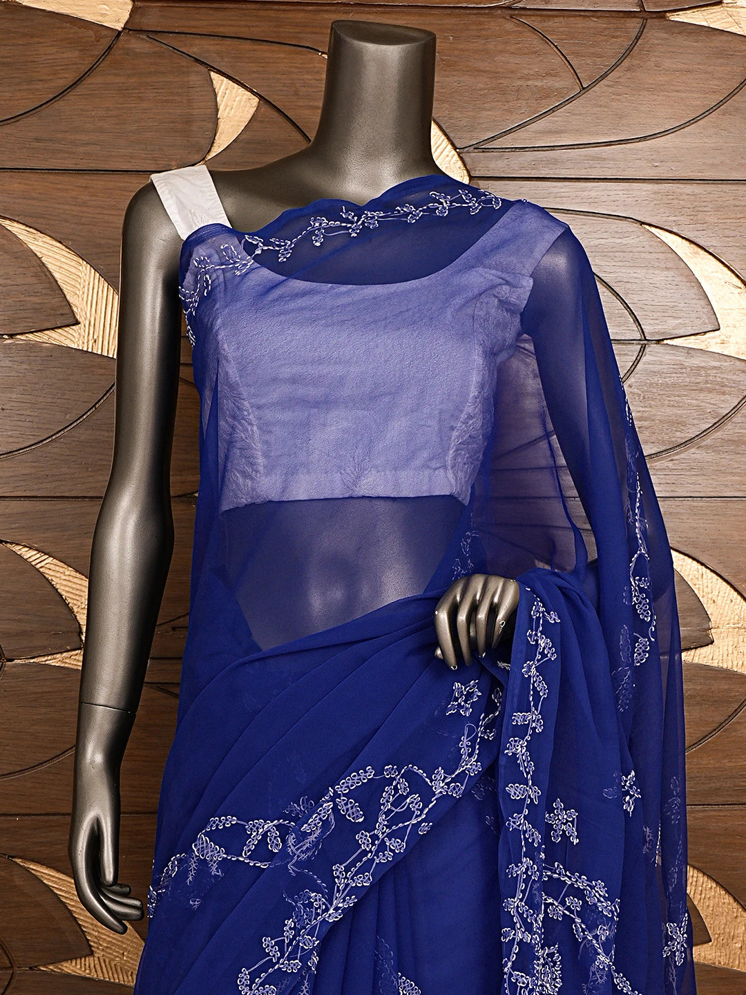Ada Hand Embroidered Royal Blue Georgette Lucknowi Chikankari Saree and Blouse 01A904562