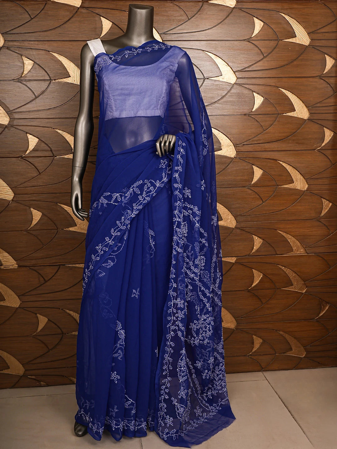 Ada Hand Embroidered Royal Blue Georgette Lucknowi Chikankari Saree and Blouse 01A904562