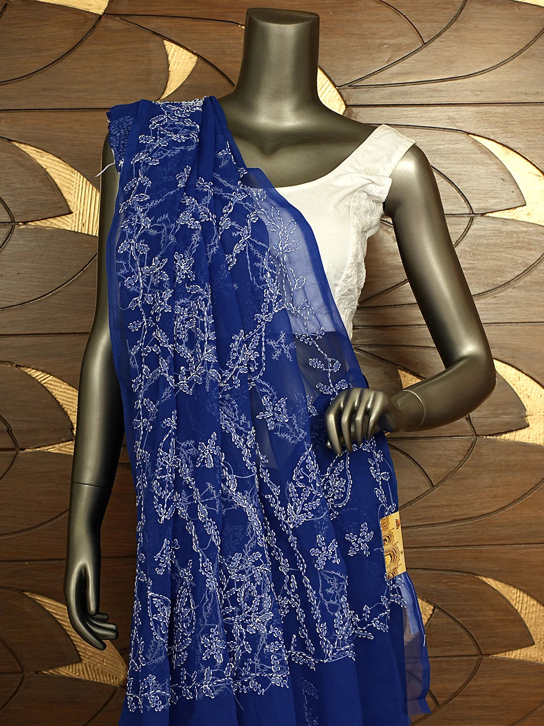 Ada Hand Embroidered Royal Blue Georgette Lucknowi Chikankari Saree and Blouse 01A904562
