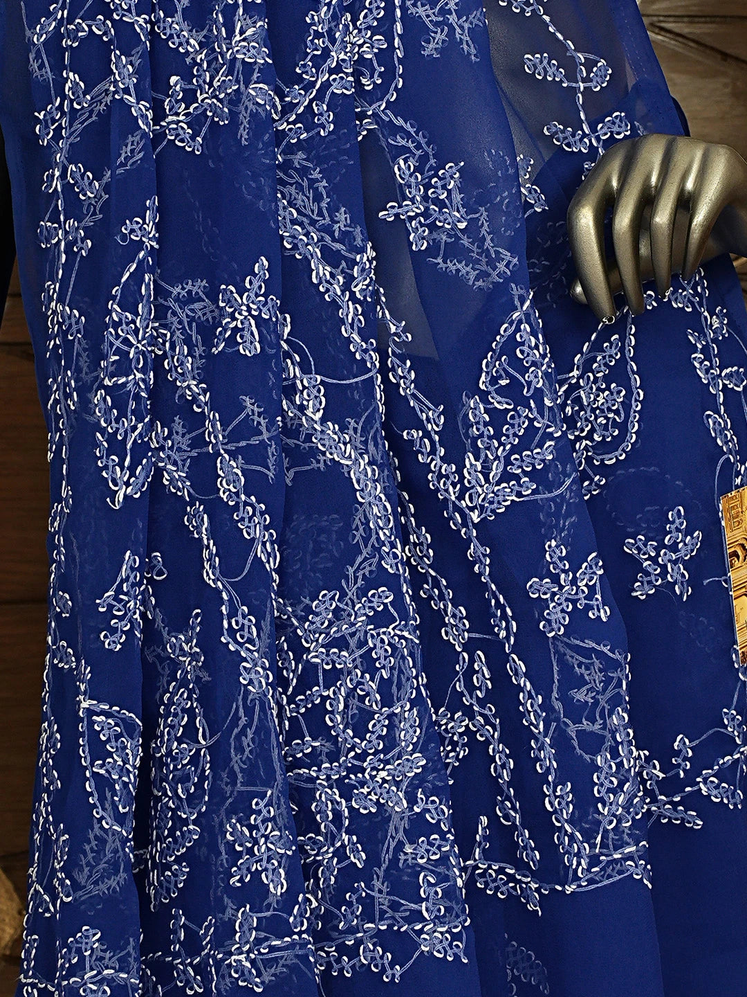 Ada Hand Embroidered Royal Blue Georgette Lucknowi Chikankari Saree and Blouse 01A904562