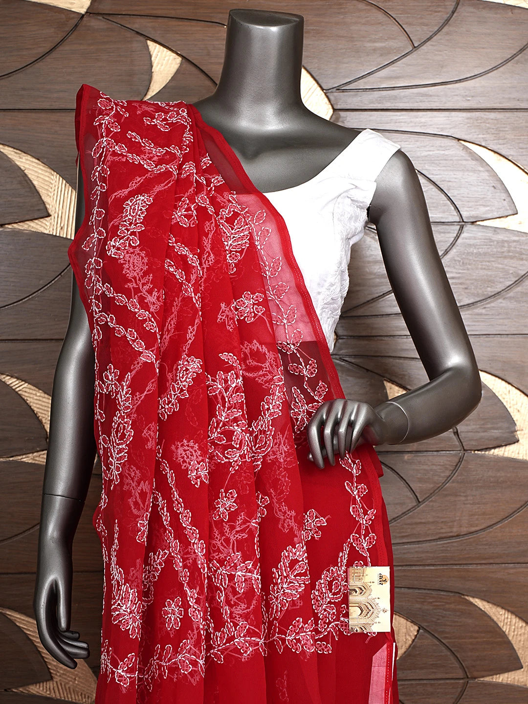 Ada Hand Embroidered Red Georgette Lucknowi Chikankari Saree and Blouse 01A904571