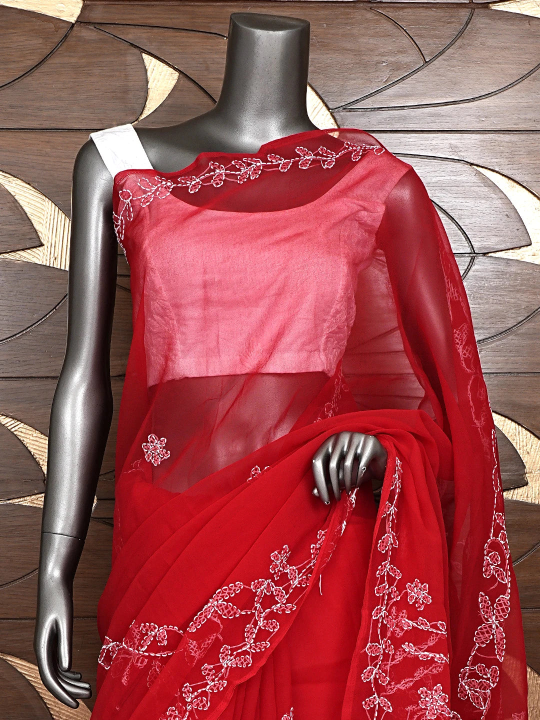 Ada Hand Embroidered Red Georgette Lucknowi Chikankari Saree and Blouse 01A904571