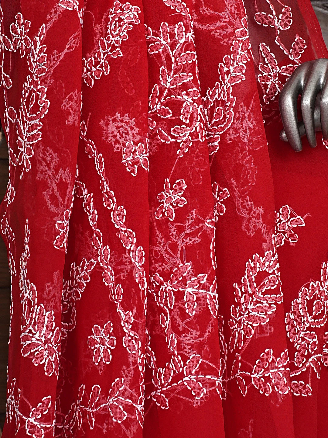 Ada Hand Embroidered Red Georgette Lucknowi Chikankari Saree and Blouse 01A904571