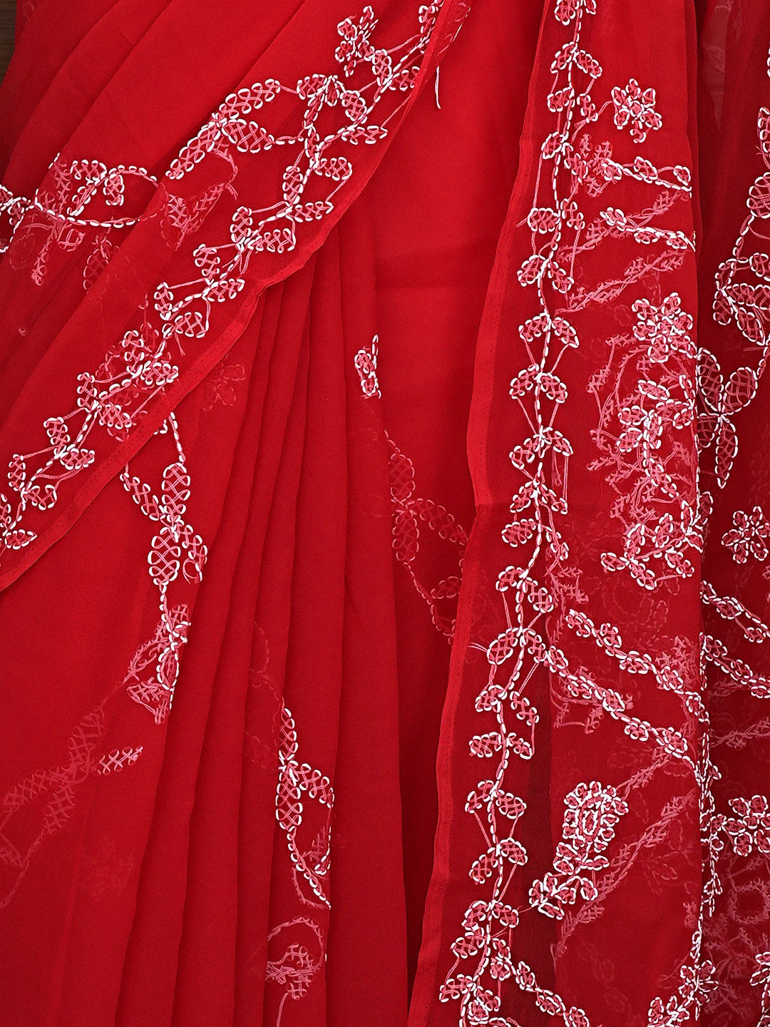 Ada Hand Embroidered Red Georgette Lucknowi Chikankari Saree and Blouse 01A904571