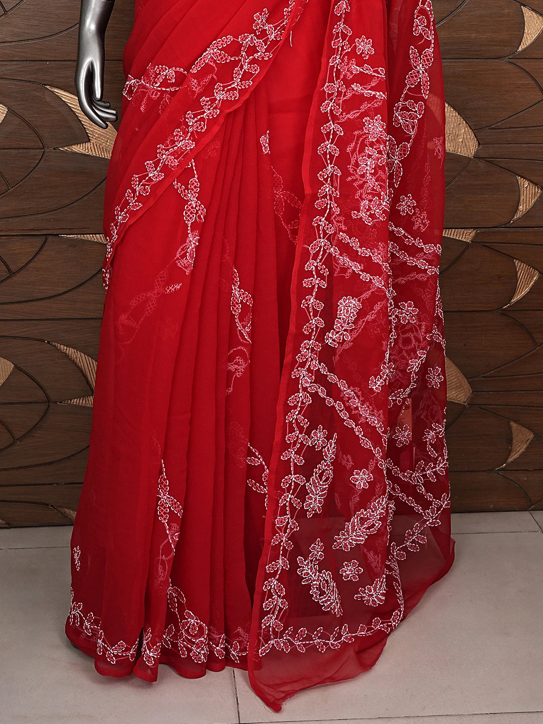 Ada Hand Embroidered Red Georgette Lucknowi Chikankari Saree and Blouse 01A904571