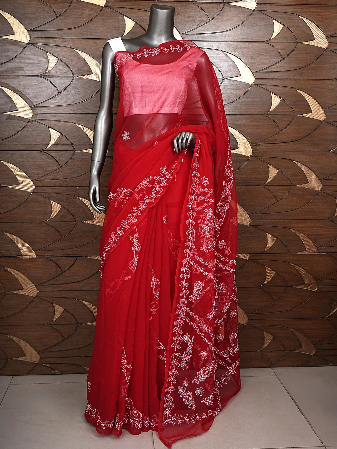 Ada Hand Embroidered Red Georgette Lucknowi Chikankari Saree and Blouse 01A904571