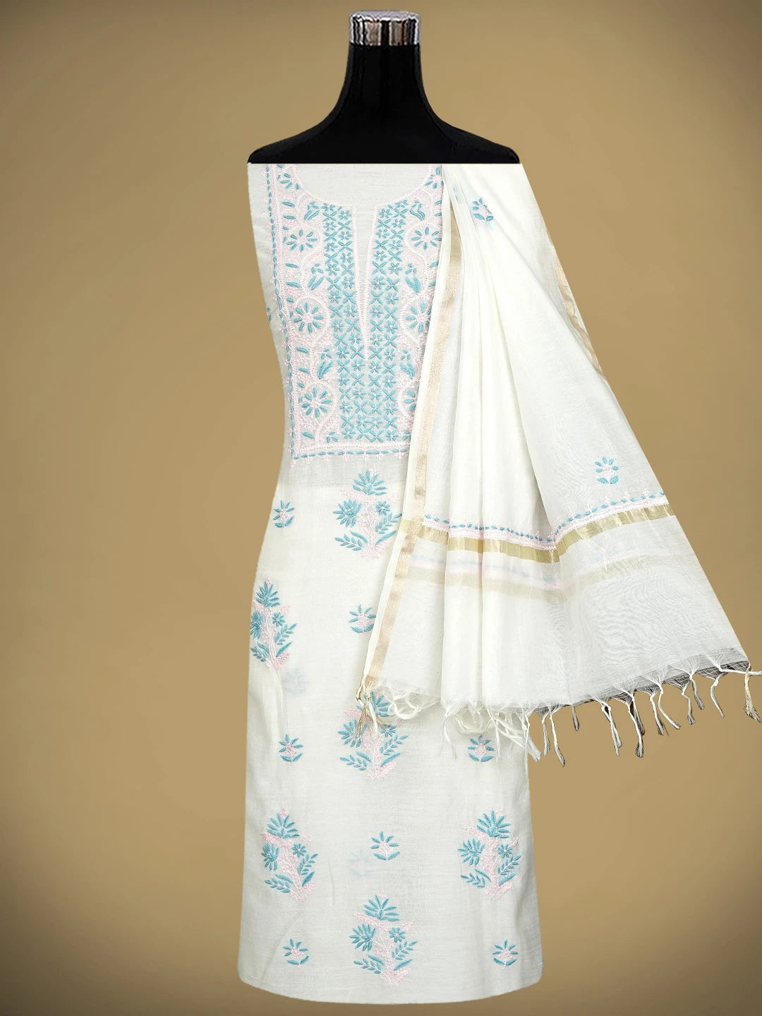 Ada Hand Embroidered White Chanderi Lucknowi Chikankari Unstitched Kurta Dupatta Set 01A903119