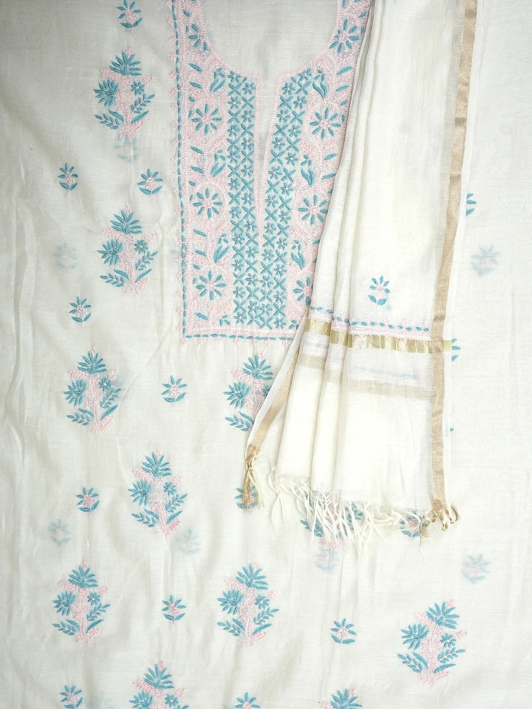 Ada Hand Embroidered White Chanderi Lucknowi Chikankari Unstitched Kurta Dupatta Set 01A903119