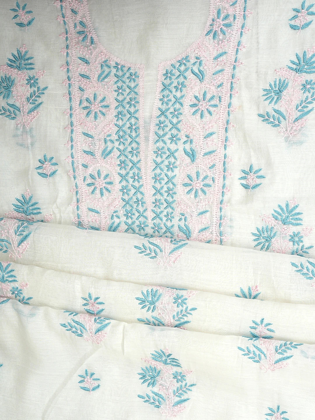 Ada Hand Embroidered White Chanderi Lucknowi Chikankari Unstitched Kurta Dupatta Set 01A903119