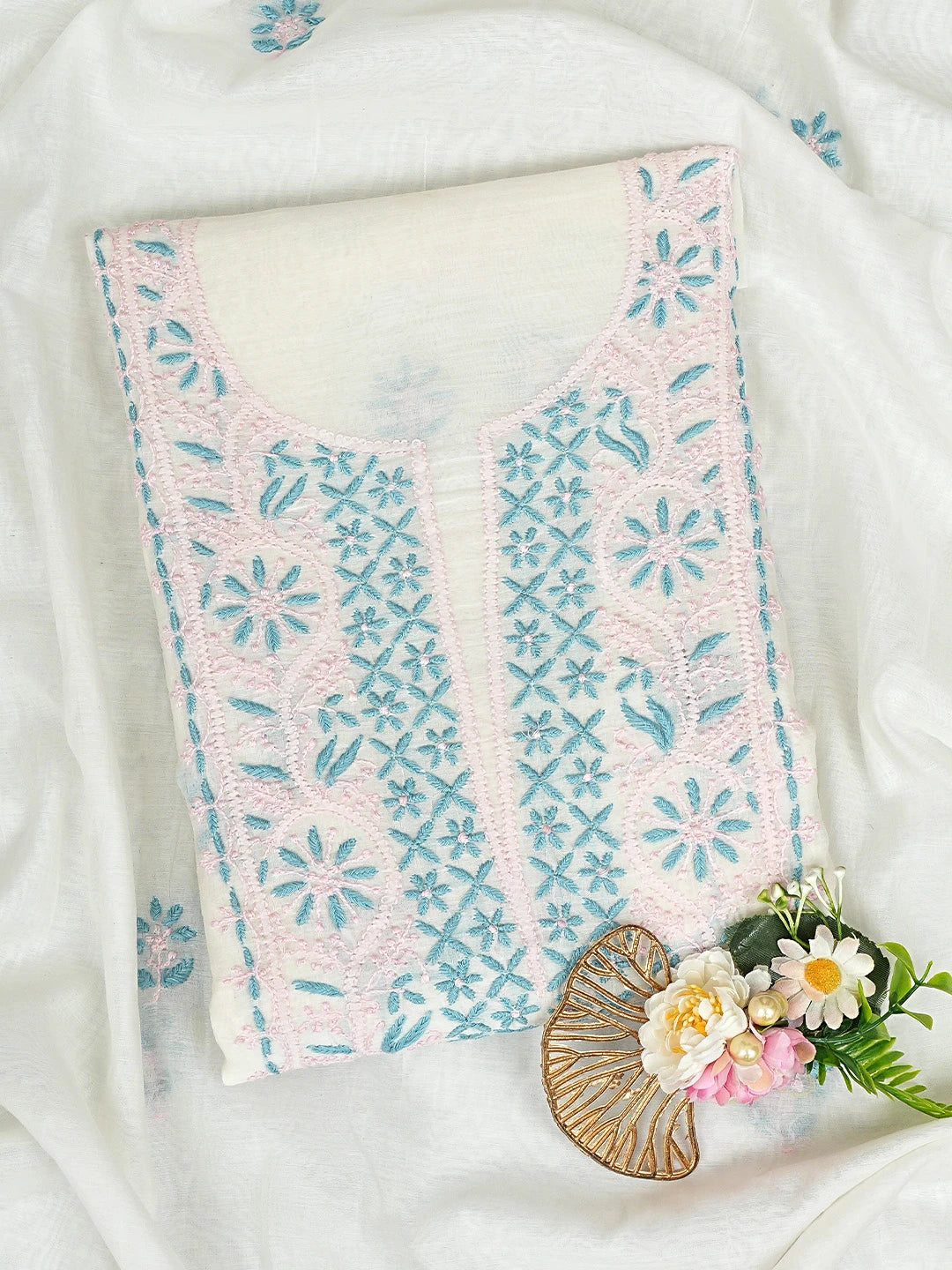 Ada Hand Embroidered White Chanderi Lucknowi Chikankari Unstitched Kurta Dupatta Set 01A903119