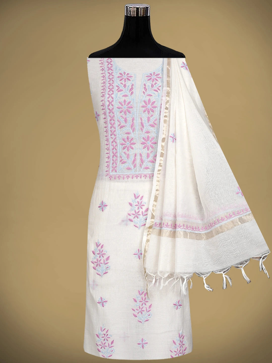 Ada Hand Embroidered White Chanderi Lucknowi Chikankari Unstitched Kurta Dupatta Set 01A903219