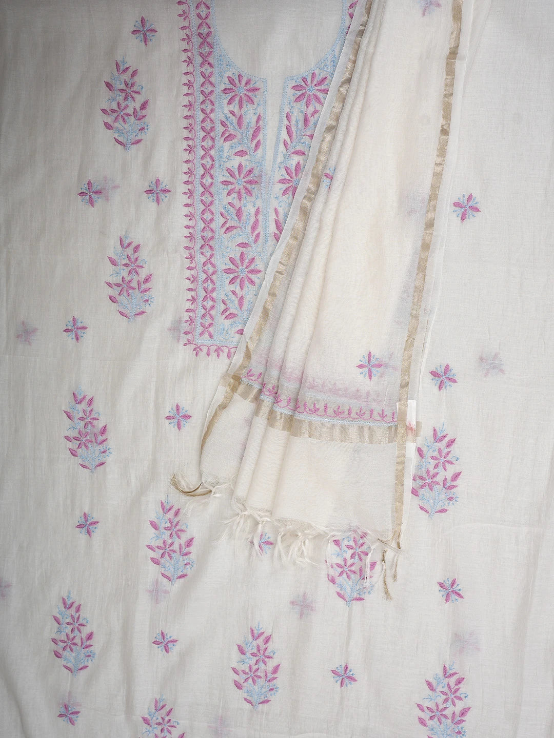 Ada Hand Embroidered White Chanderi Lucknowi Chikankari Unstitched Kurta Dupatta Set 01A903219