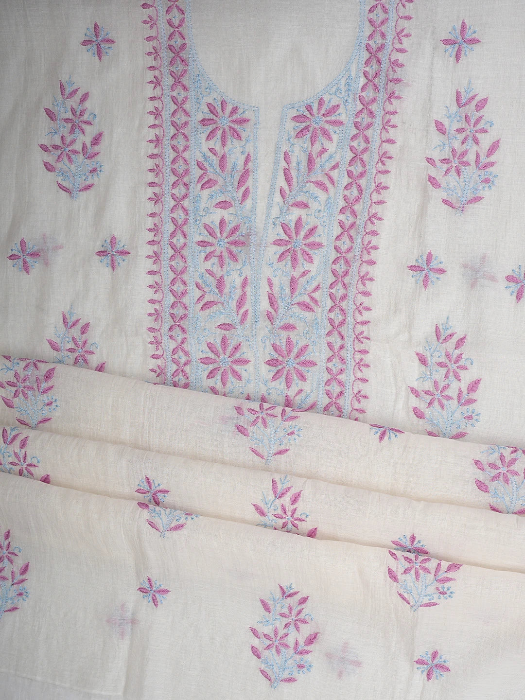 Ada Hand Embroidered White Chanderi Lucknowi Chikankari Unstitched Kurta Dupatta Set 01A903219