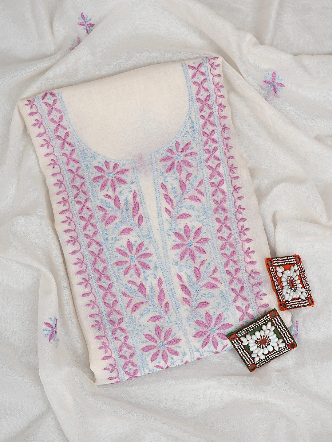 Ada Hand Embroidered White Chanderi Lucknowi Chikankari Unstitched Kurta Dupatta Set 01A903219