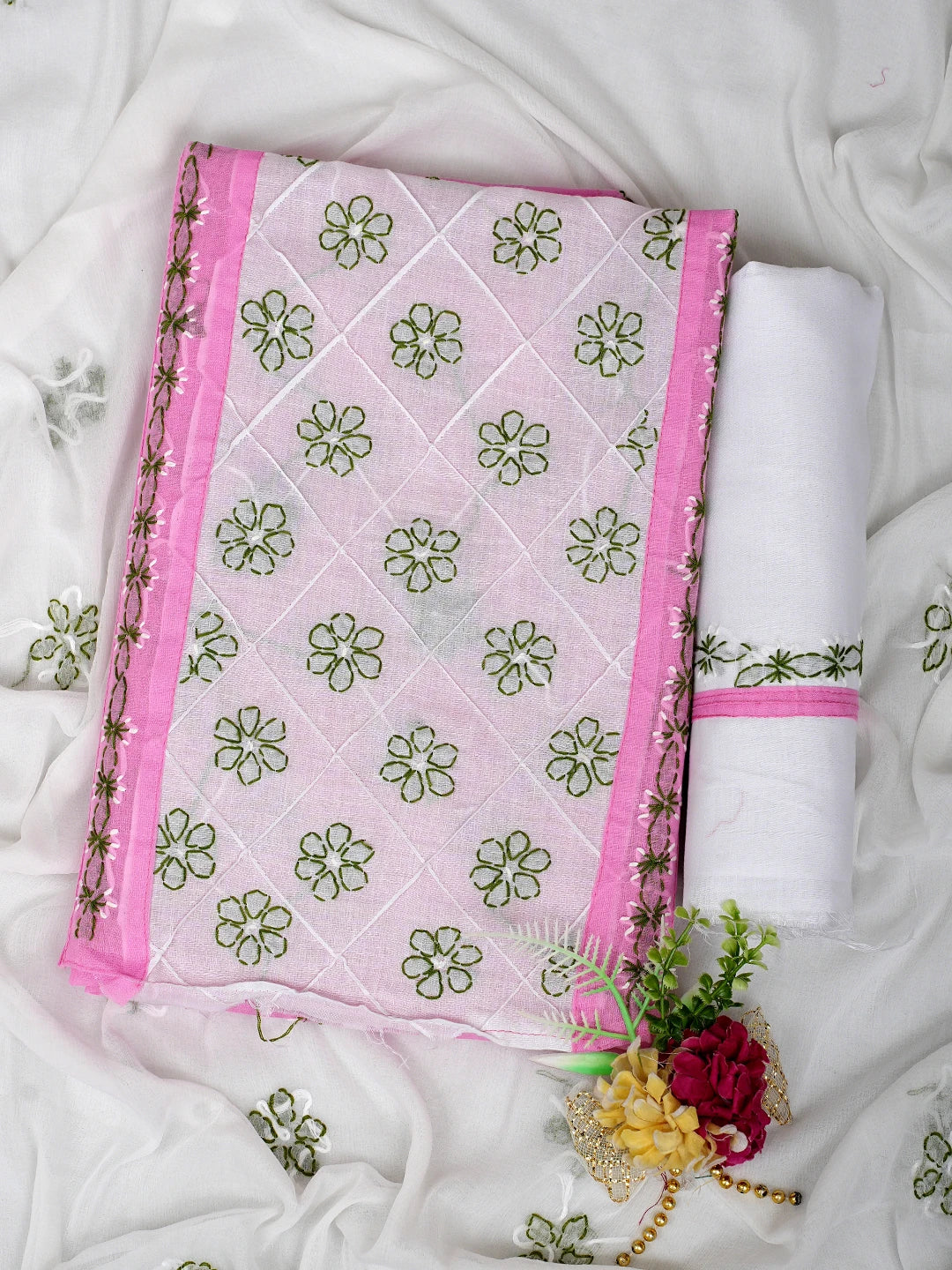 Ada Hand Embroidered Pink Cotton Lucknowi Chikankari Unstitched Suit Piece 01A919972