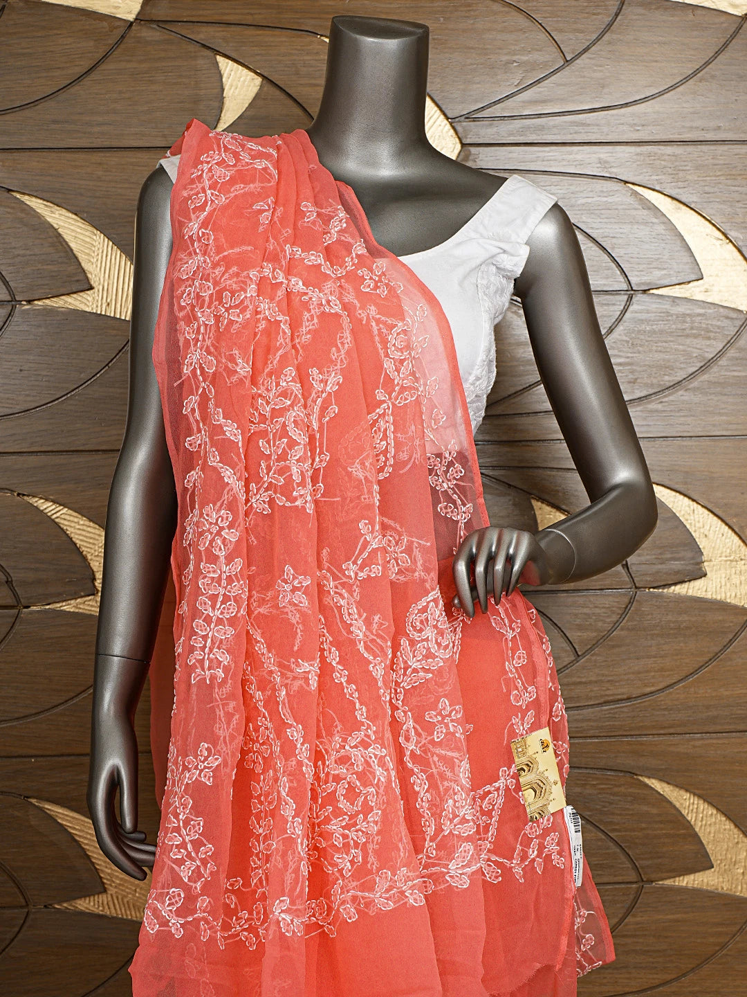 Ada Hand Embroidered Carrot Pink Gerogette Lucknowi Chikankari Saree and Blouse 01A904567
