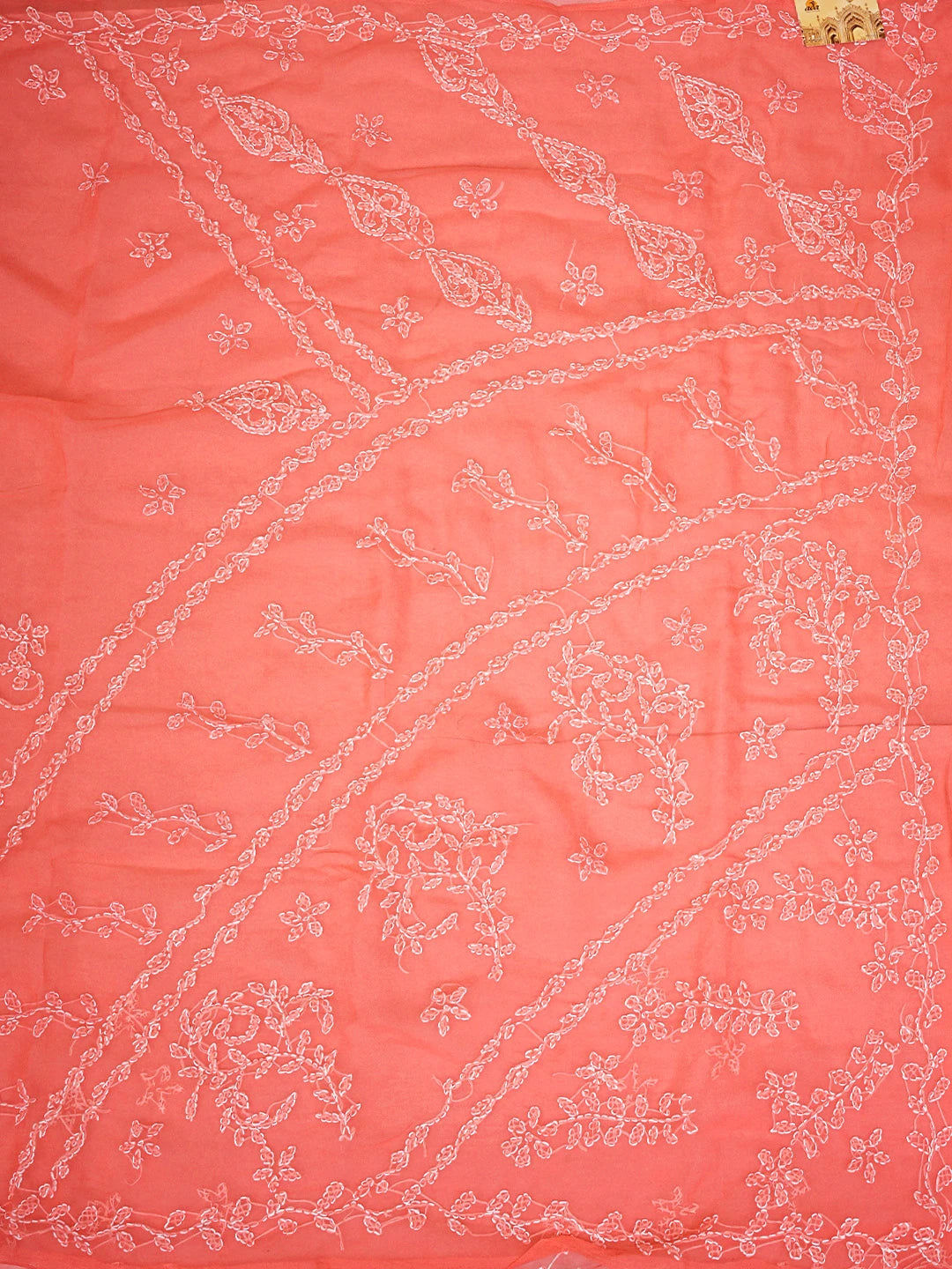 Ada Hand Embroidered Carrot Pink Gerogette Lucknowi Chikankari Saree and Blouse 01A904567