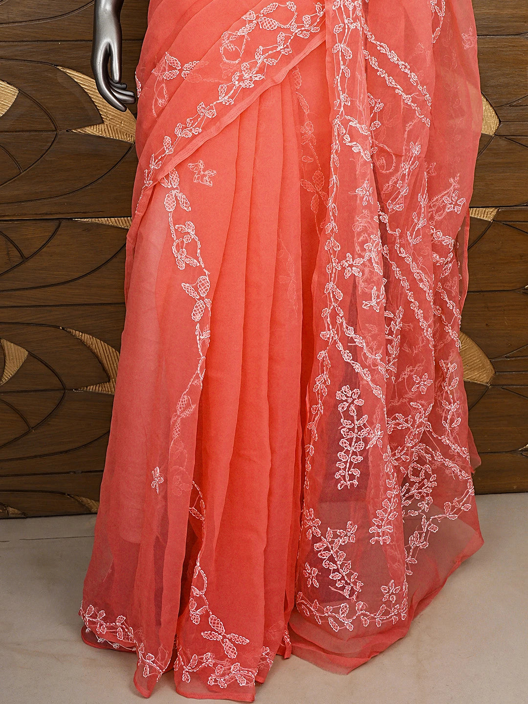 Ada Hand Embroidered Carrot Pink Gerogette Lucknowi Chikankari Saree and Blouse 01A904567