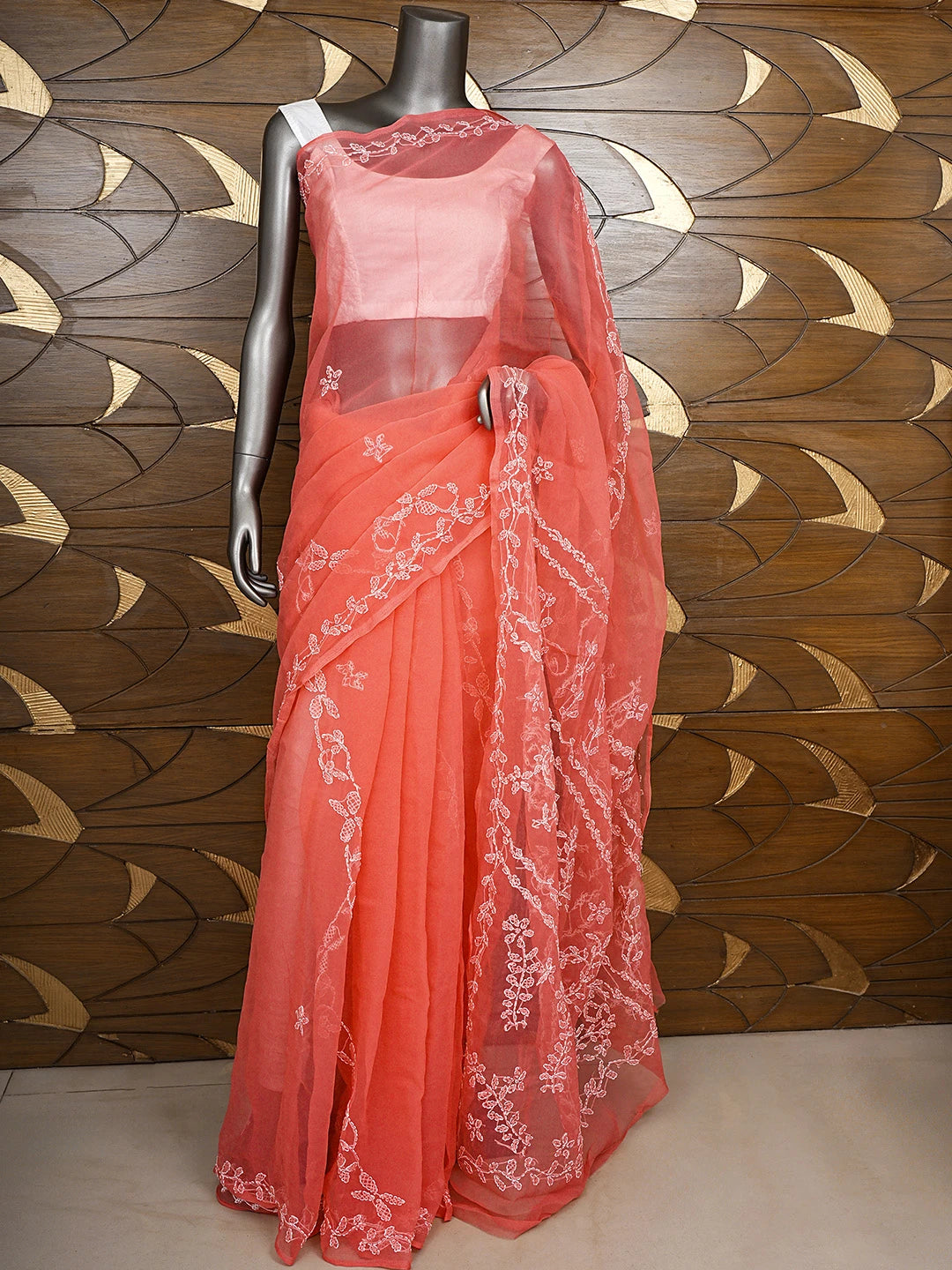 Ada Hand Embroidered Carrot Pink Gerogette Lucknowi Chikankari Saree and Blouse 01A904567