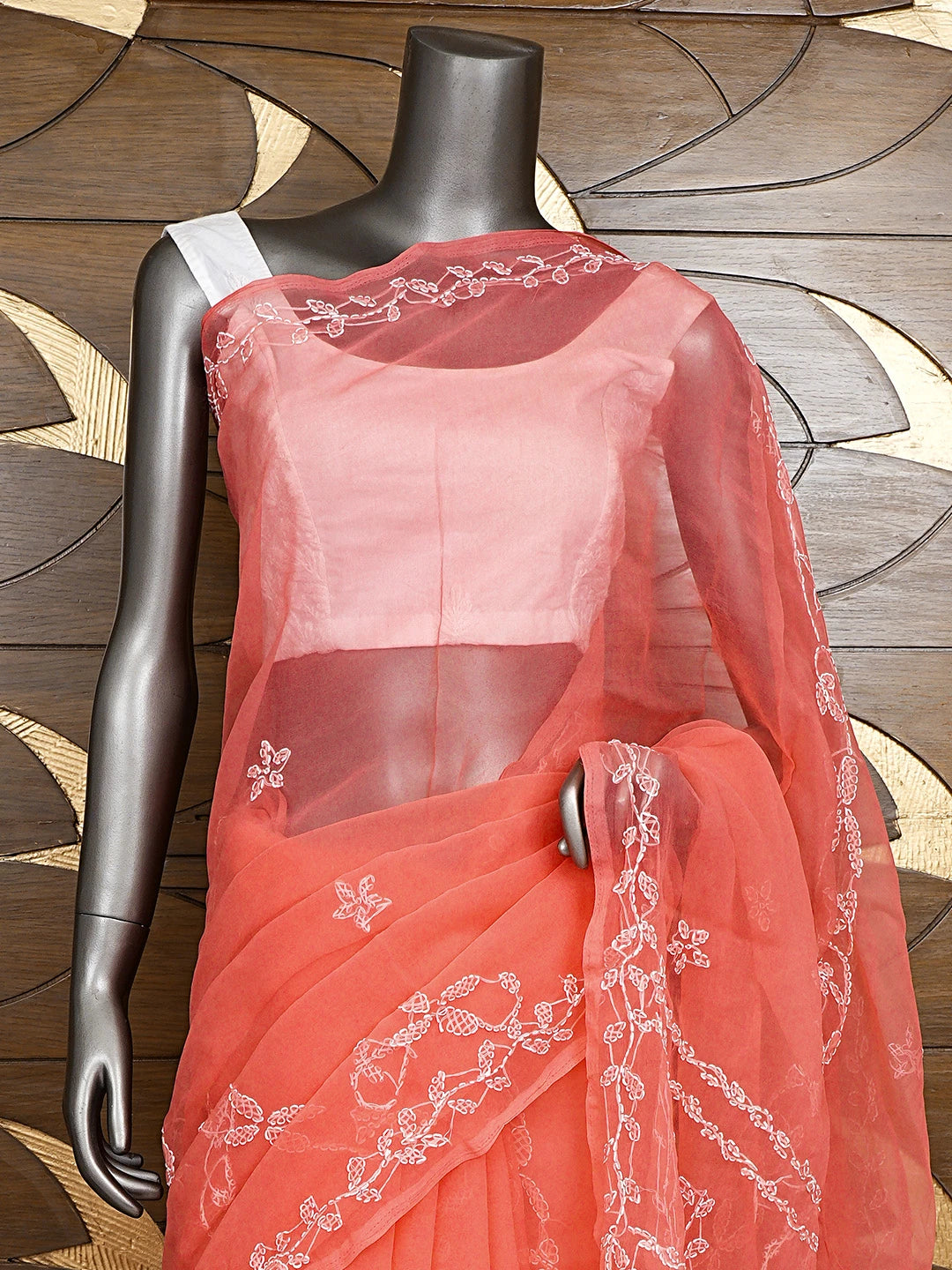 Ada Hand Embroidered Carrot Pink Gerogette Lucknowi Chikankari Saree and Blouse 01A904567