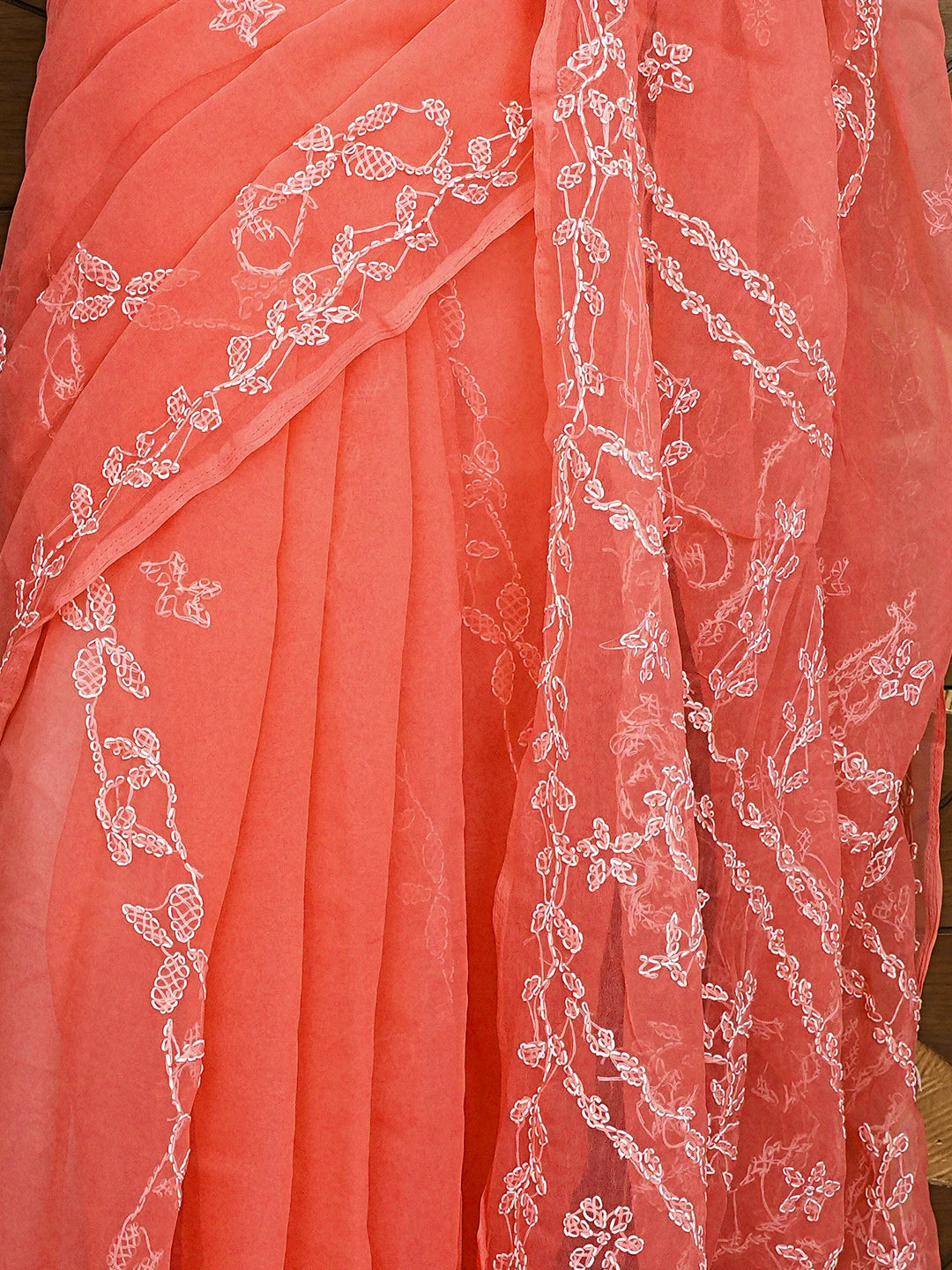 Ada Hand Embroidered Carrot Pink Gerogette Lucknowi Chikankari Saree and Blouse 01A904567