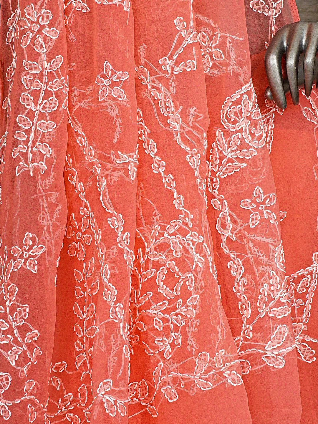 Ada Hand Embroidered Carrot Pink Gerogette Lucknowi Chikankari Saree and Blouse 01A904567