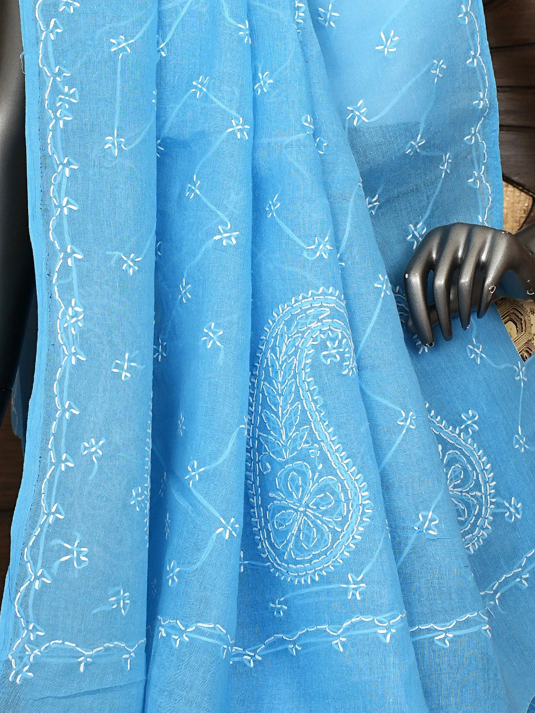 Ada Hand Embroidered Blue Cotton Lucknowi Chikankari Saree and Blouse 01A882893