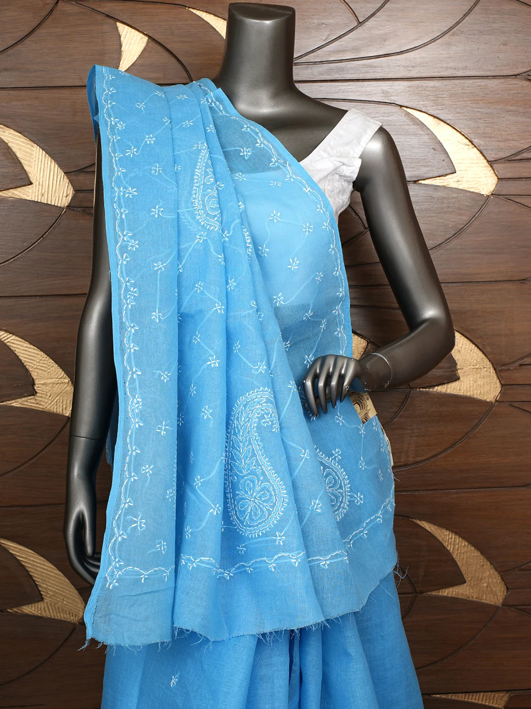 Ada Hand Embroidered Blue Cotton Lucknowi Chikankari Saree and Blouse 01A882893