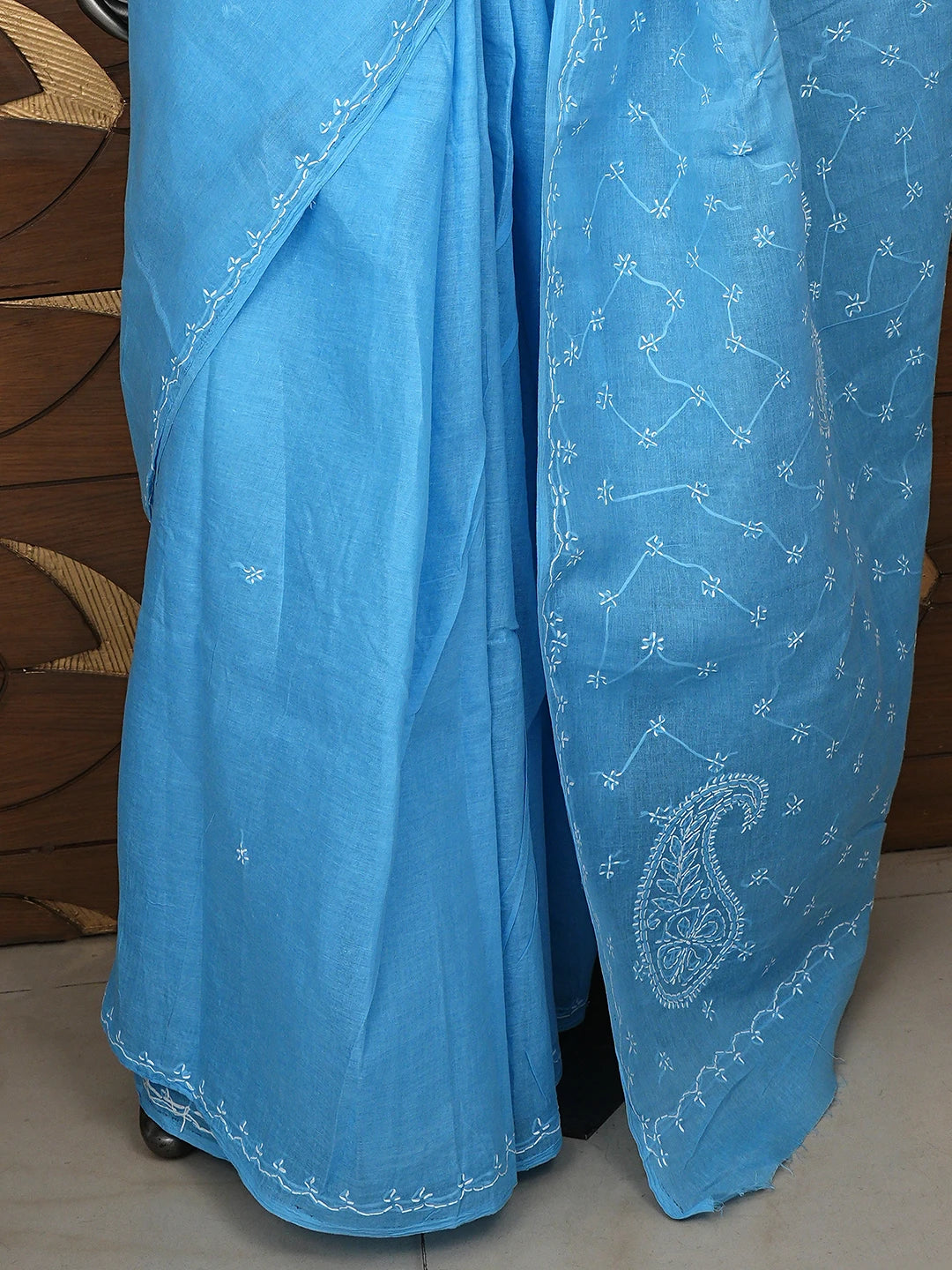 Ada Hand Embroidered Blue Cotton Lucknowi Chikankari Saree and Blouse 01A882893