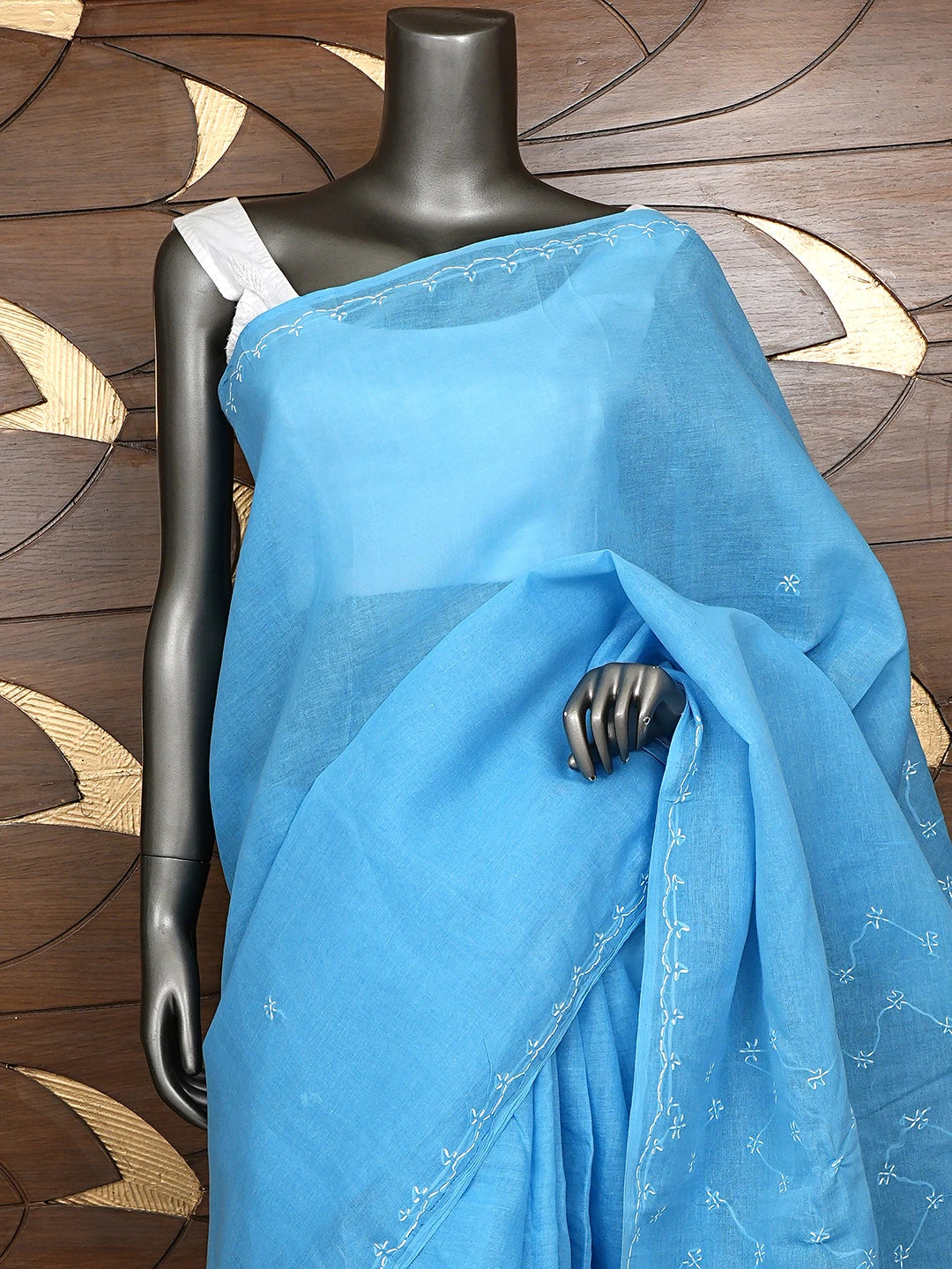 Ada Hand Embroidered Blue Cotton Lucknowi Chikankari Saree and Blouse 01A882893
