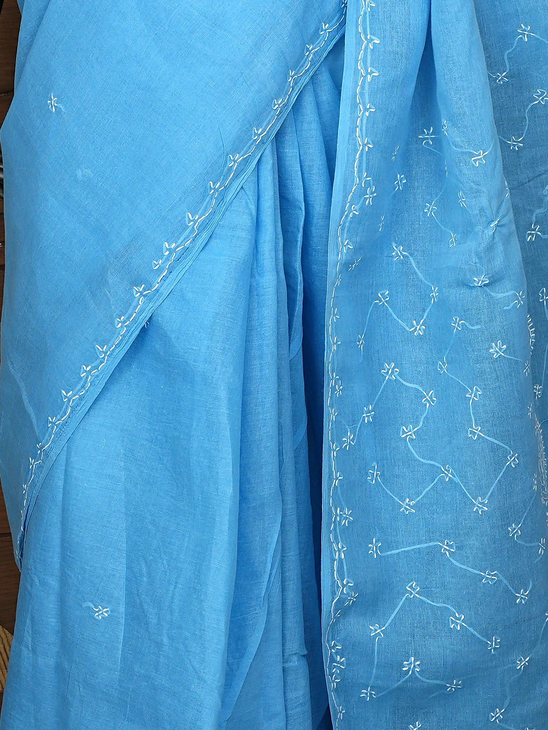 Ada Hand Embroidered Blue Cotton Lucknowi Chikankari Saree and Blouse 01A882893