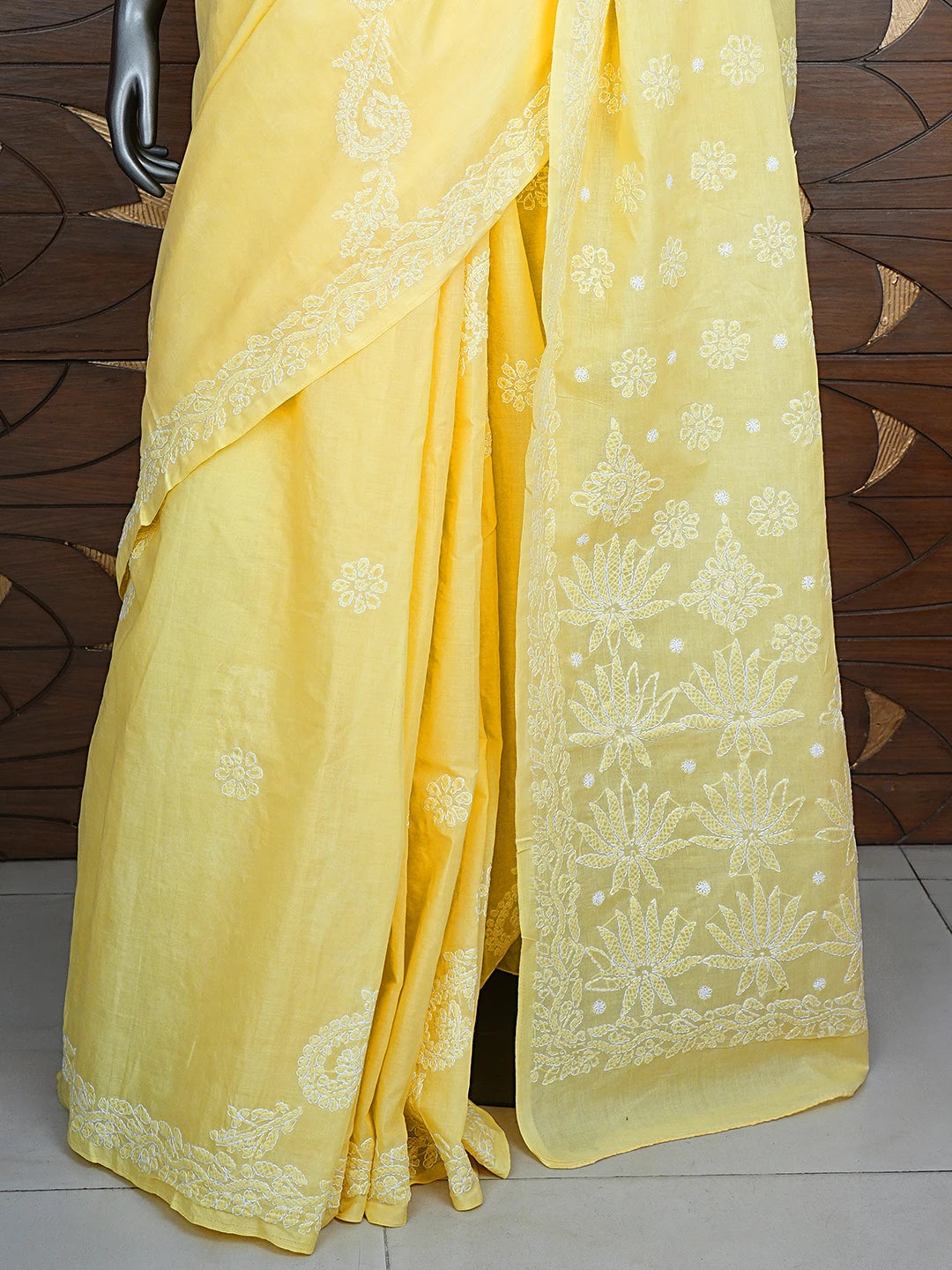 Ada Hand Embroidered Yellow Cotton Lucknowi Chikankari Saree and Blouse 01A839157