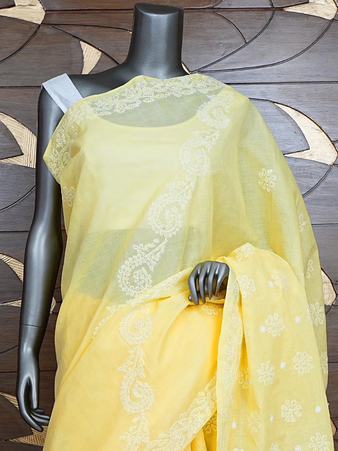 Ada Hand Embroidered Yellow Cotton Lucknowi Chikankari Saree and Blouse 01A839157