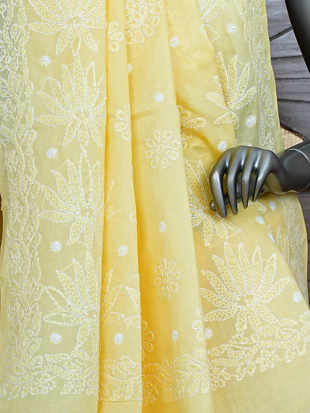 Ada Hand Embroidered Yellow Cotton Lucknowi Chikankari Saree and Blouse 01A839157