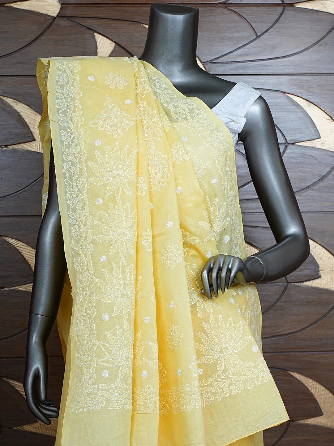 Ada Hand Embroidered Yellow Cotton Lucknowi Chikankari Saree and Blouse 01A839157