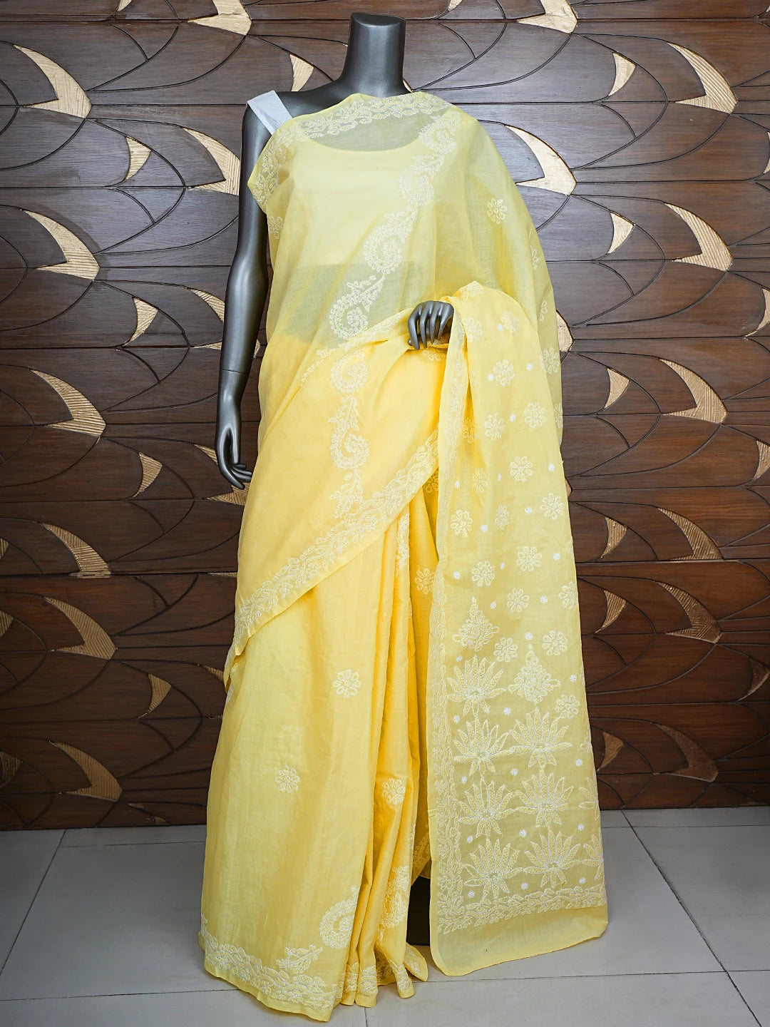 Ada Hand Embroidered Yellow Cotton Lucknowi Chikankari Saree and Blouse 01A839157
