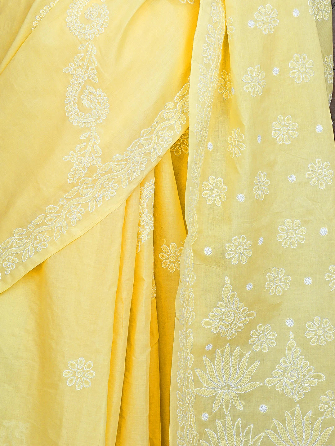 Ada Hand Embroidered Yellow Cotton Lucknowi Chikankari Saree and Blouse 01A839157