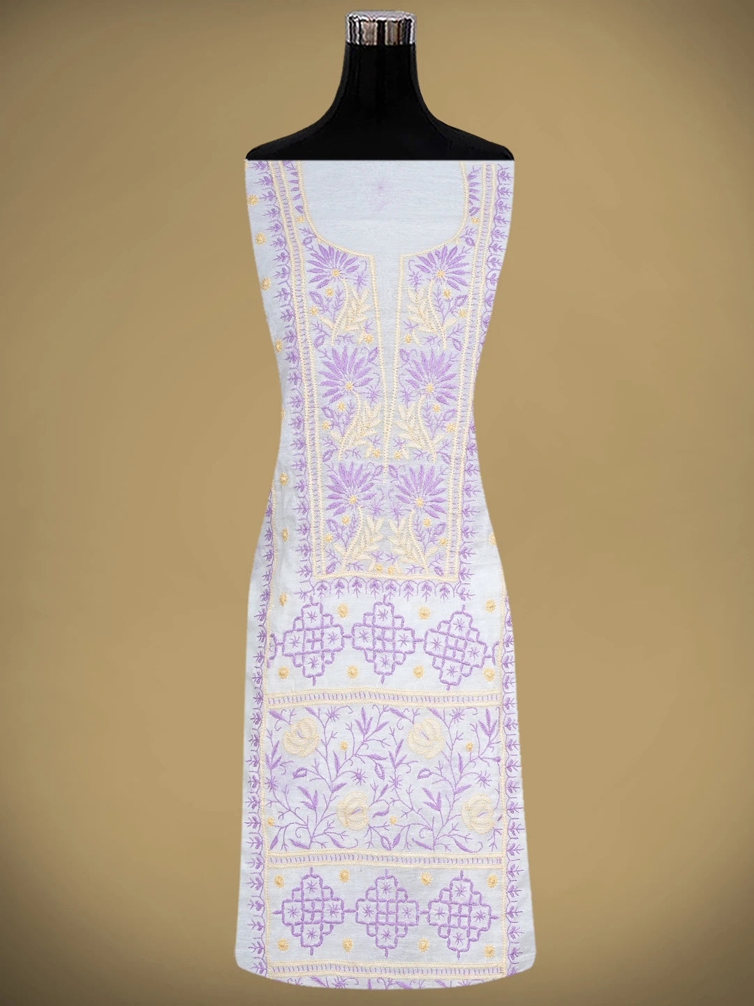 Ada Hand Embroidered White Ivory Cream Chanderi Lucknowi Chikankari Unstitched Kurta Dupatta Set 01A903151