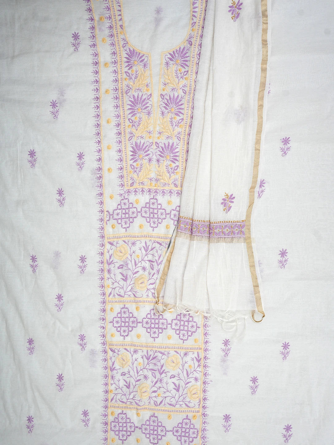 Ada Hand Embroidered White Ivory Cream Chanderi Lucknowi Chikankari Unstitched Kurta Dupatta Set 01A903151