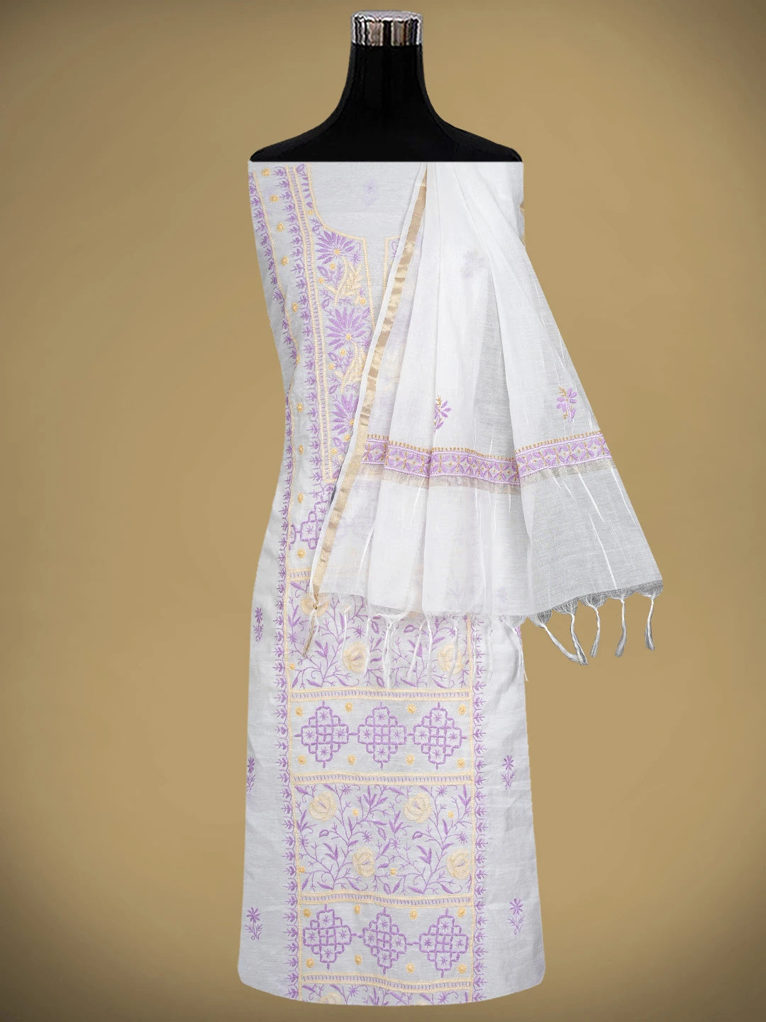 Ada Hand Embroidered White Ivory Cream Chanderi Lucknowi Chikankari Unstitched Kurta Dupatta Set 01A903151