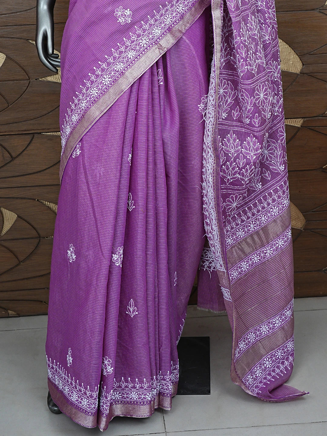 Ada Hand Embroidered Onion Pink Chanderi Lucknowi Chikankari Saree and Blouse 01A879444