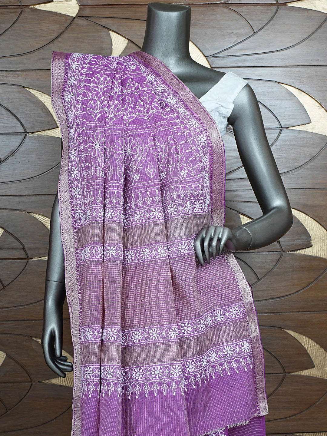 Ada Hand Embroidered Onion Pink Chanderi Lucknowi Chikankari Saree and Blouse 01A879444