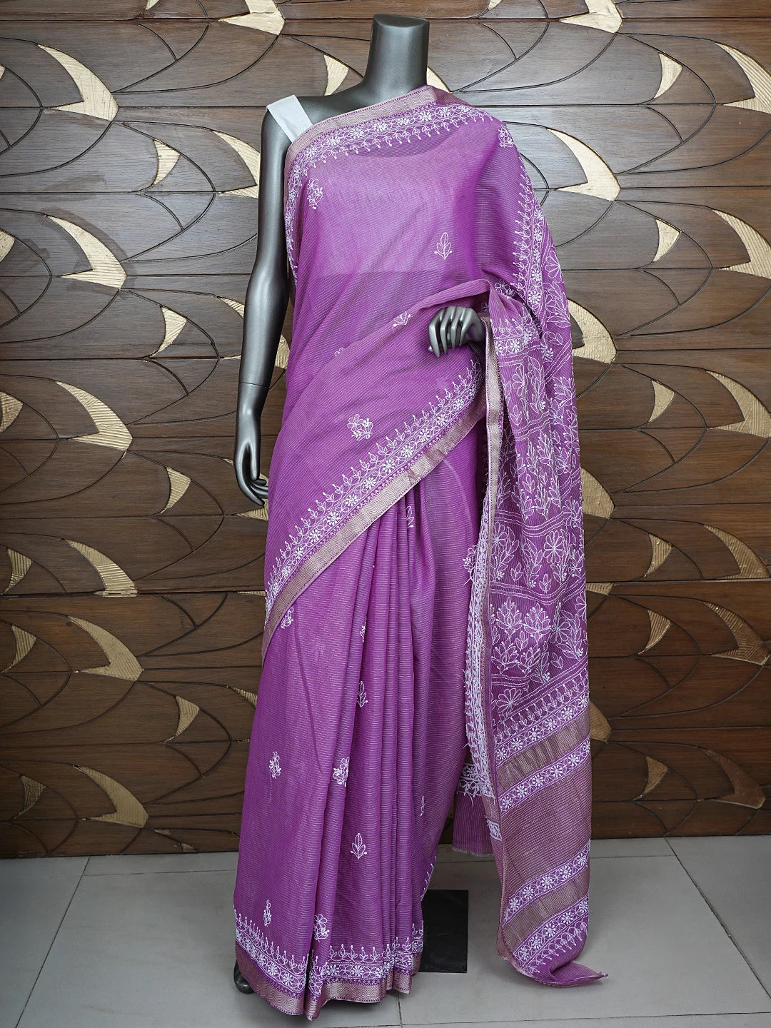 Ada Hand Embroidered Onion Pink Chanderi Lucknowi Chikankari Saree and Blouse 01A879444