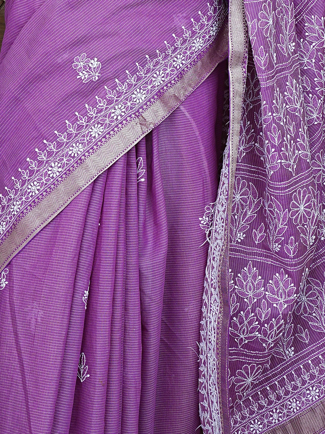 Ada Hand Embroidered Onion Pink Chanderi Lucknowi Chikankari Saree and Blouse 01A879444