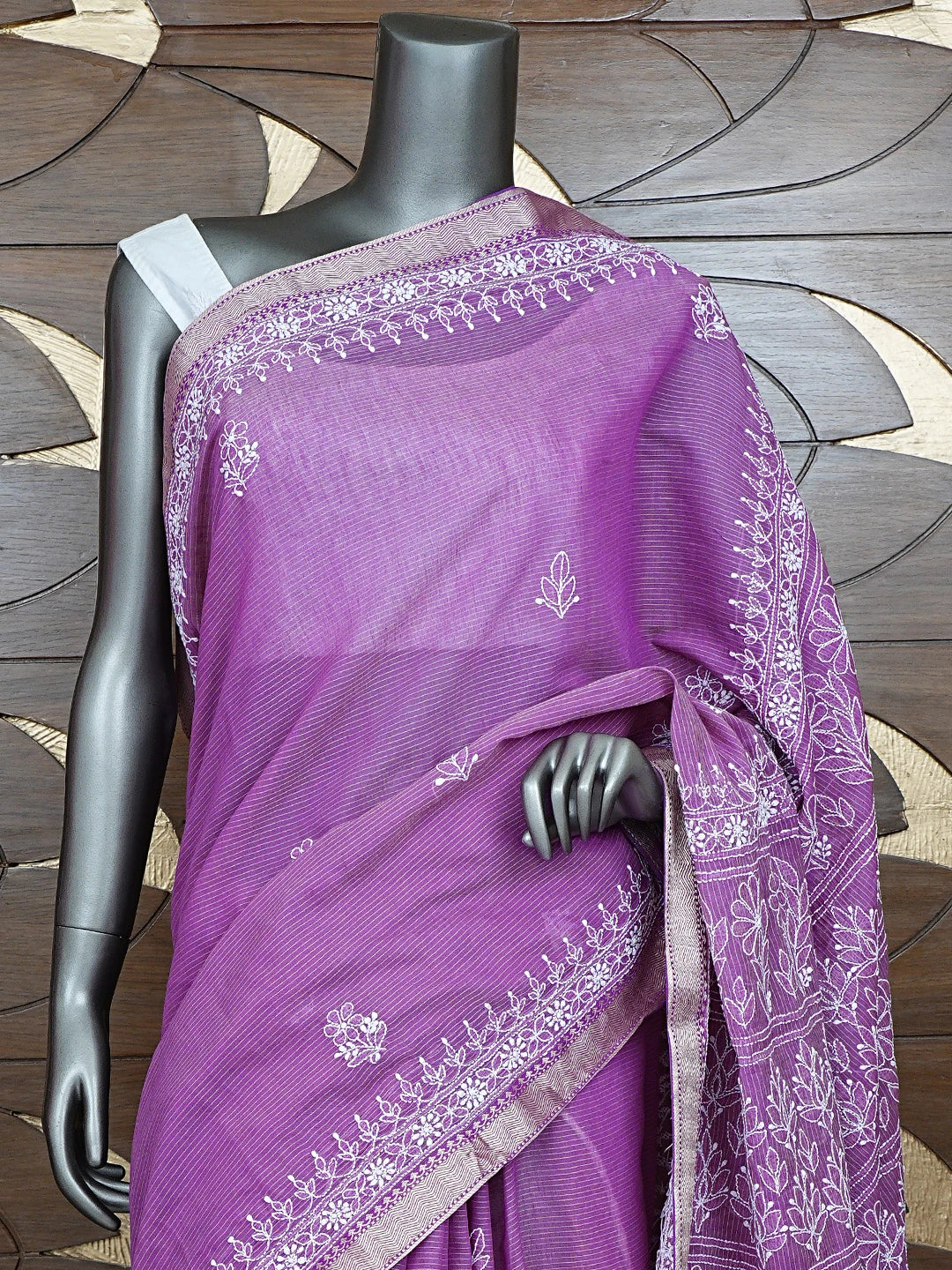 Ada Hand Embroidered Onion Pink Chanderi Lucknowi Chikankari Saree and Blouse 01A879444