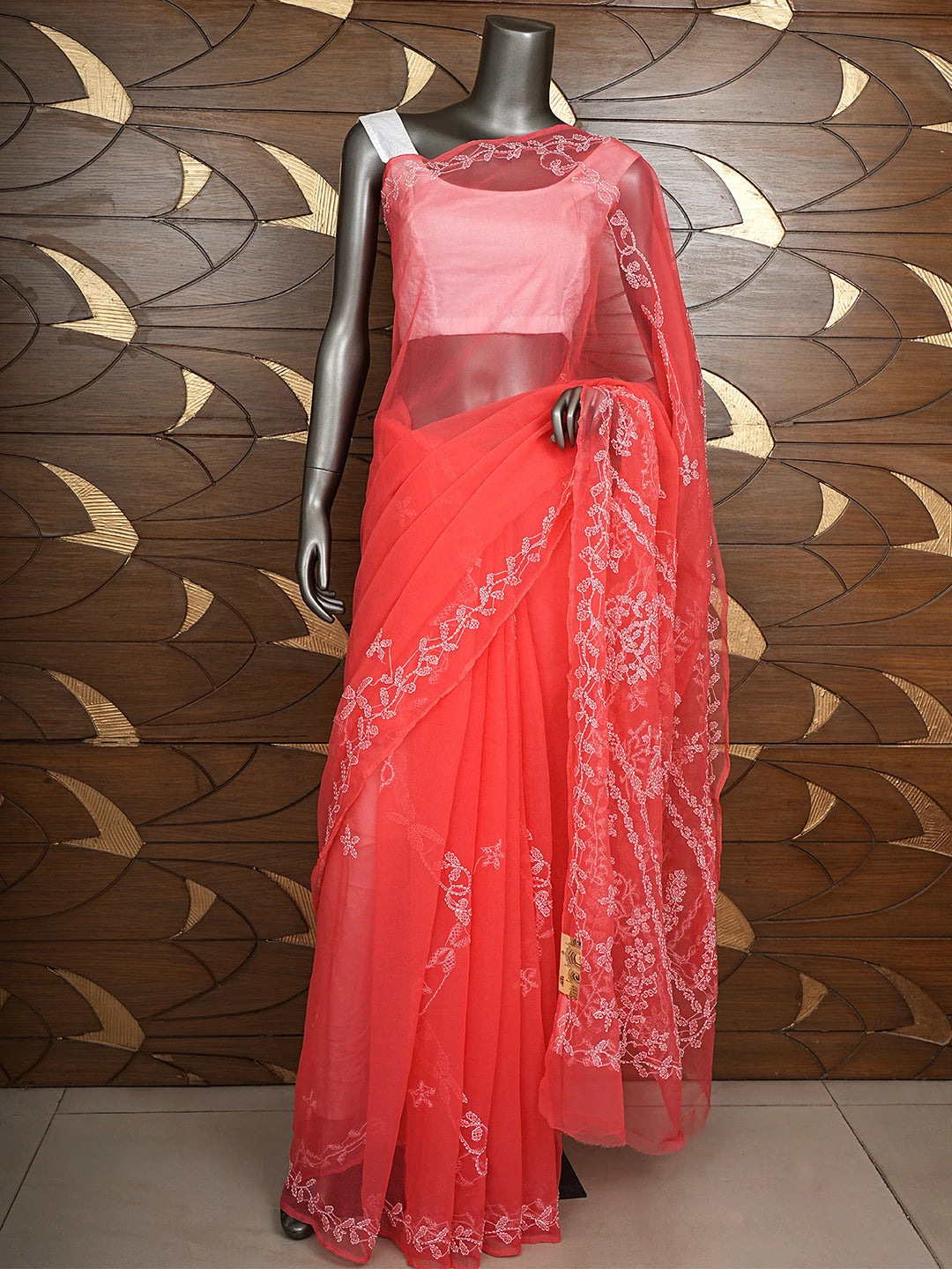 Ada Hand Embroidered Carrot Pink Georgette Lucknowi Chikankari Saree and Blouse 01A904565