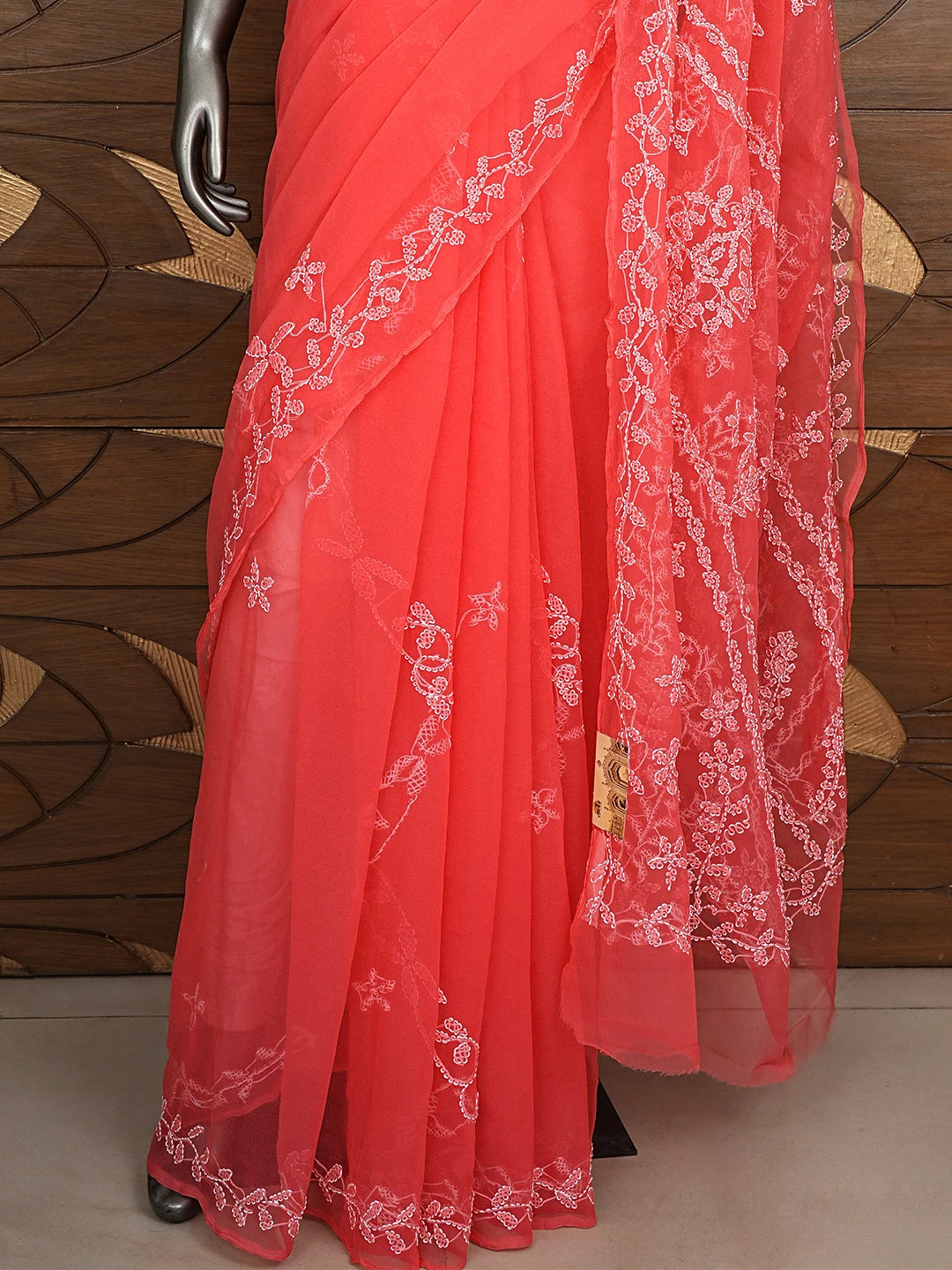 Ada Hand Embroidered Carrot Pink Georgette Lucknowi Chikankari Saree and Blouse 01A904565