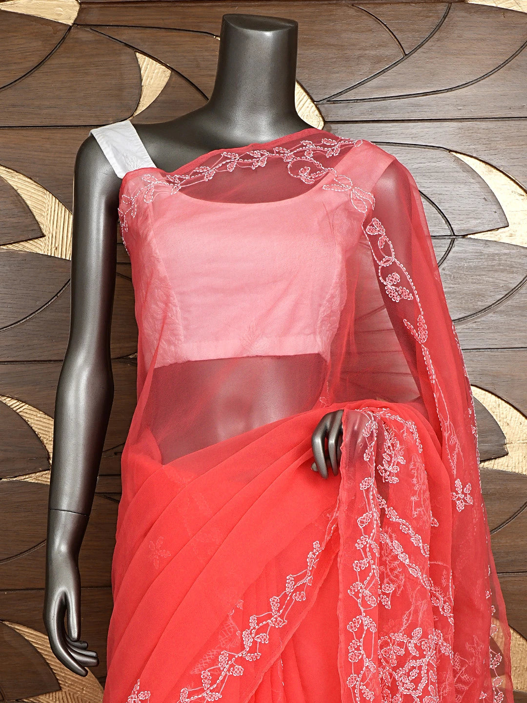 Ada Hand Embroidered Carrot Pink Georgette Lucknowi Chikankari Saree and Blouse 01A904565