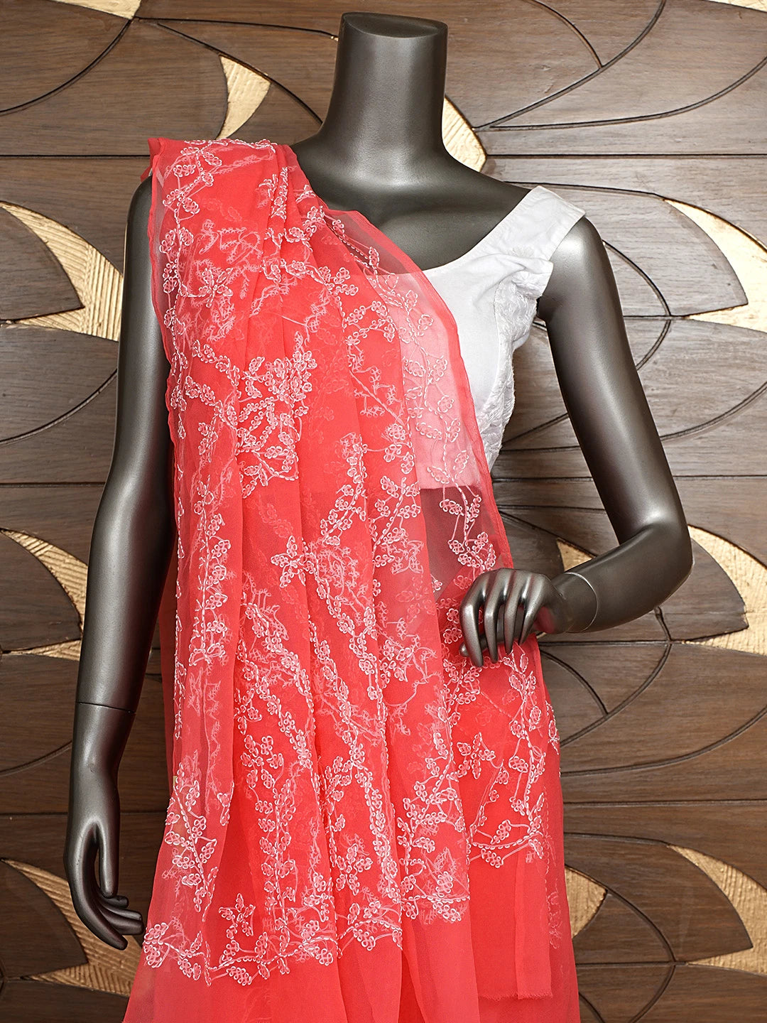 Ada Hand Embroidered Carrot Pink Georgette Lucknowi Chikankari Saree and Blouse 01A904565