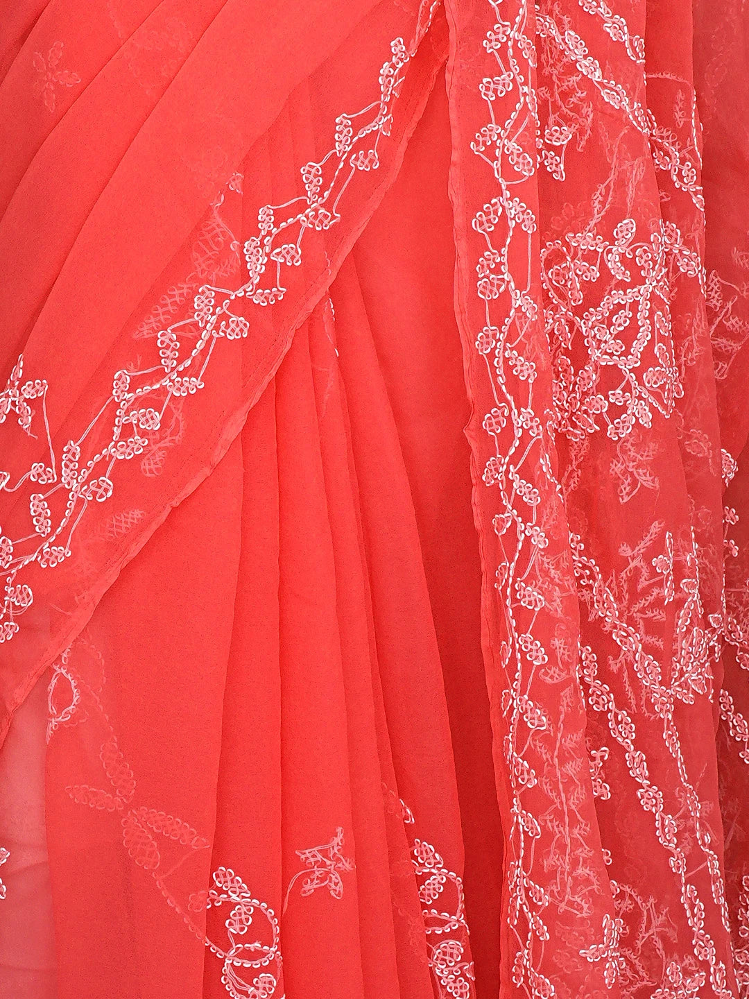 Ada Hand Embroidered Carrot Pink Georgette Lucknowi Chikankari Saree and Blouse 01A904565